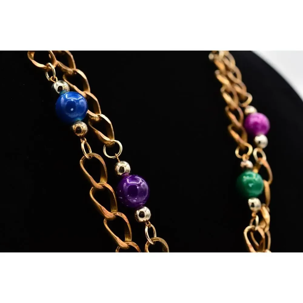 Vintage Multicolor Enamel Geometric Triangle Statement Necklace Gold Beaded BinY